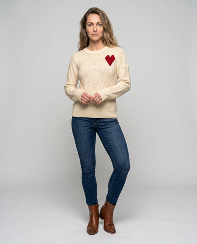 Damen Strickpullover mit Herzmuster und dekorativen Details