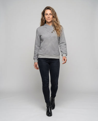 Damen Strickpullover mit modischem Überschnitt und Schmuckknöpfen