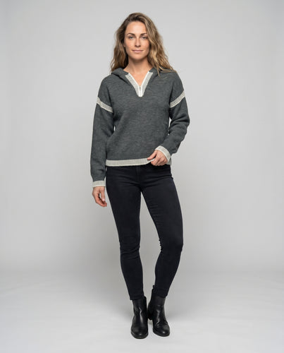 Damen Strickpullover mit modischen Kontrastdetails und Halbreißverschluss