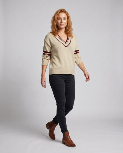 Damen Strickpullover mit tiefem V-Ausschnitt und sportlichen Streifen