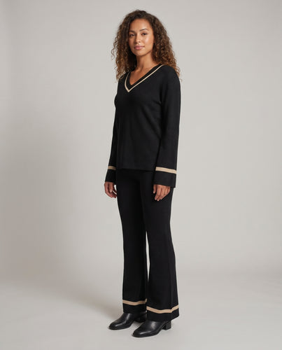 Damen stylisches Strickanzug mit weitem Bein und V-Ausschnitt