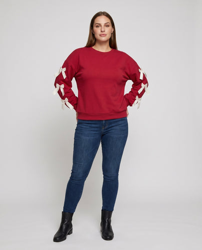Damen Sweatshirt mit dekorativen Schleifen an den Ärmeln