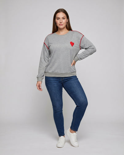 Damen Sweatshirt mit herzförmigen Applikationen und modischen Kontrastnähten