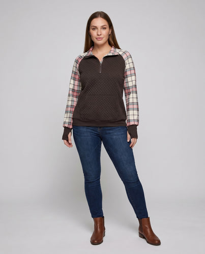 Damen Sweatshirt mit karierten Ärmeln und Reißverschluss