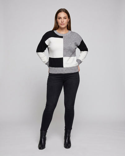 Damen Sweatshirt mit modischem Blockmuster und Rundhalsausschnitt