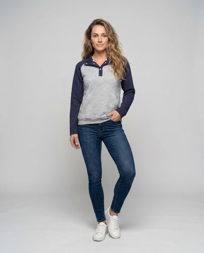 Damen Sweatshirt mit strukturiertem Design und knöpfbarem Stehkragen