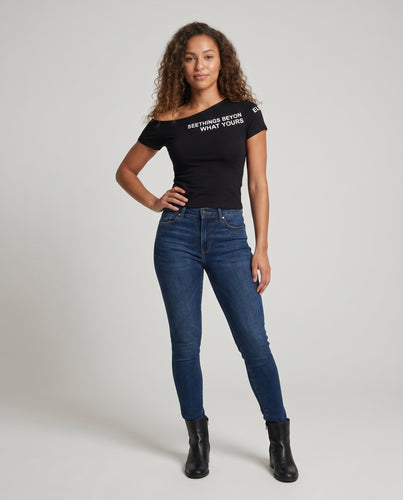 Damen asymmetrisches Kurzarmshirt mit kreativer Schriftgrafik