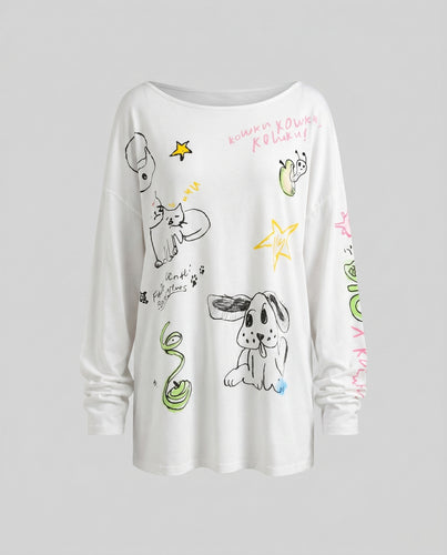 Damen bequemes T-Shirt mit kreativem Druck und weiten Ärmeln