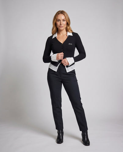 Damen elegante Blazerjacke mit kontrastierenden Ärmelabschlüssen und hochgeschlossenem Kragen