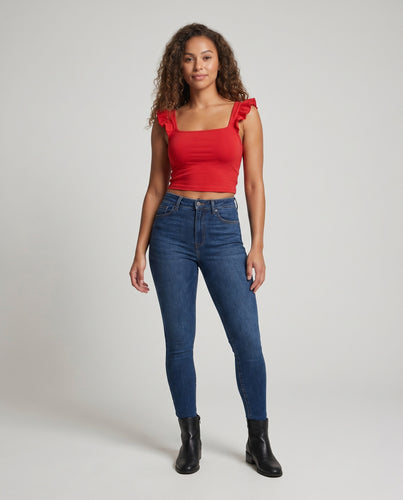 Damen figurbetontes Crop-Top mit Rüschenärmel