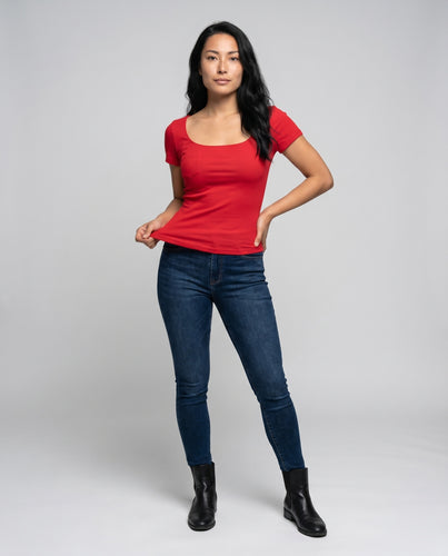Damen Figurbetontes Kurzarmshirt mit dekorativer Brusttasche