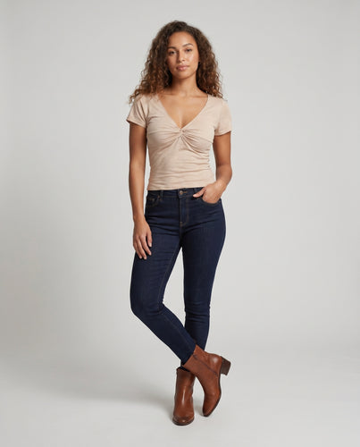 Damen figurbetontes V-Ausschnitt T-Shirt mit Wickeldetail