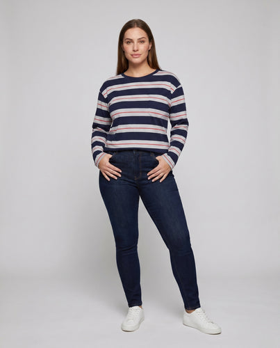 Damen gestreiftes Langarmshirt mit Brusttasche und komfortablem Schnitt