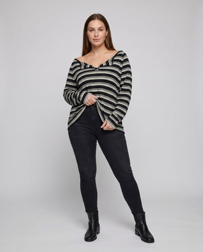 Damen gestreiftes Langarmshirt mit lässigem Schnitt und V-Ausschnitt