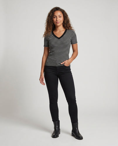 Damen Kurzarm V-Ausschnitt Shirt mit modischem Streifenmuster