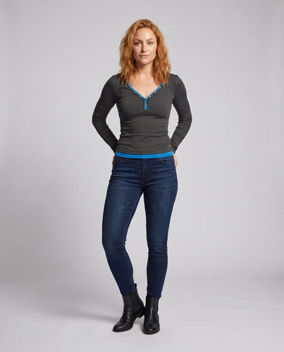 Damen Langarm Bodysuit mit V-Ausschnitt und dekorativen Knöpfen