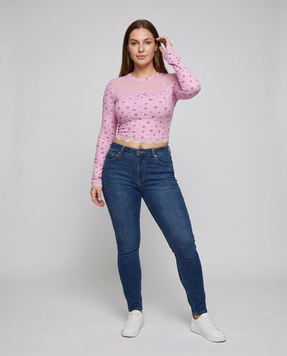 Damen Langärmliges Crop-Top mit filigraner Spitzenborte und floralem Print