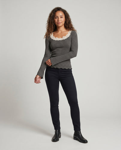 Damen Langarmshirt mit elegantem Spitzenkragen und gestreiftem Design
