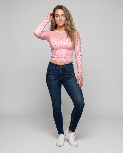 Damen Langarmshirt mit floralem Muster und transparenten Akzenten