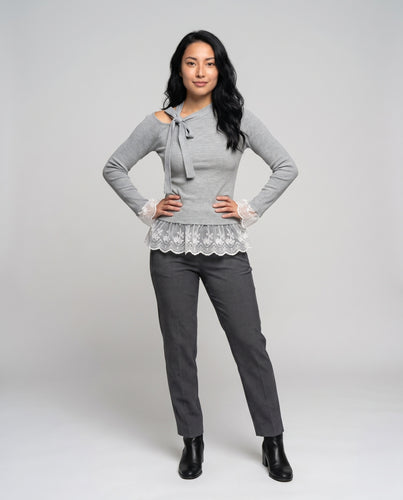 Damen Longsleeve Oberteil mit transparentem Rüschensaum