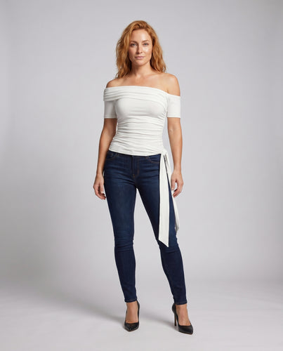 Damen Off-Shoulder Oberteil mit seitlichem Bindegürtel