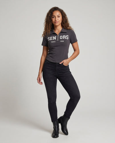 Damen Poloshirt mit Reißverschluss und kreativem Print