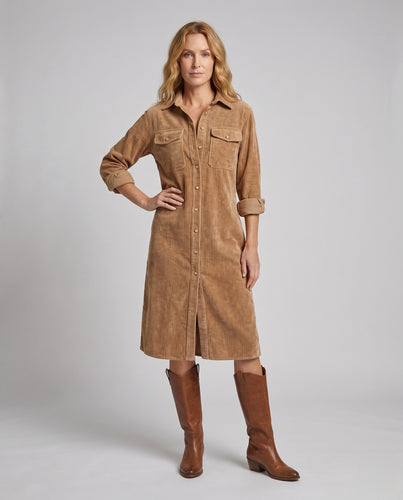 Damen Cordhemdkleid mit seitlichen Schlitzen und Taschen EB
