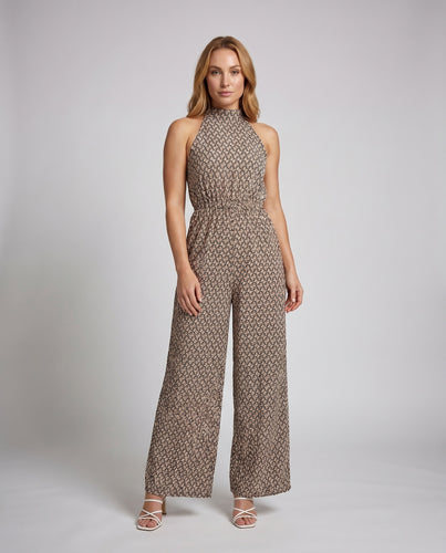 Damen Eleganter Jumpsuit mit hohem Kragen und weitem Bein EB