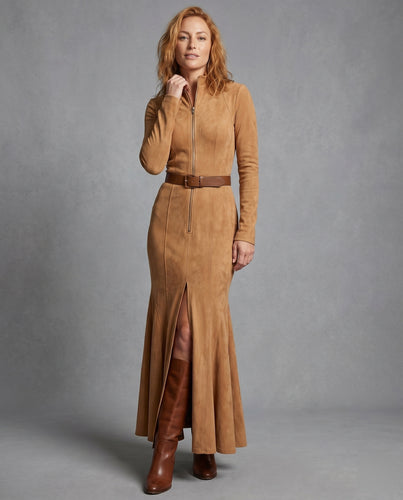 Damen Elegantes Maxikleid aus weichem Wildlederimitat mit tailliertem Schnitt EB