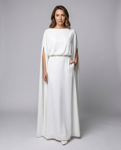 Damen Elegantes Maxikleid mit fließendem Material und Cape-Ärmeln EB