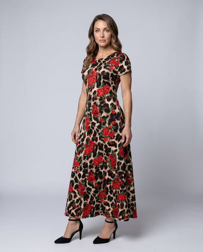 Damen Elegantes Maxikleid mit floralem Leopardenmuster EB