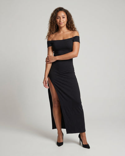 Damen figurbetontes Maxikleid mit schulterfreien Ärmeln und hohem Schlitz EB