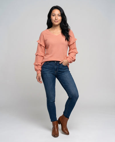 Damen Freizeitpullover mit Rüschendetails und V-Ausschnitt EB