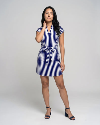 Damen Knielanges gestreiftes Wickelkleid mit Taillengürtel EB