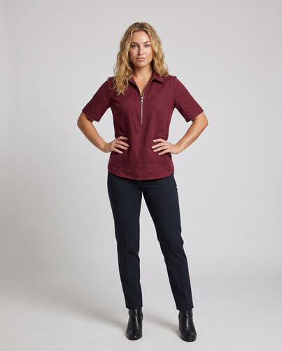 Damen Kurzarm Bluse mit Reißverschluss und klassischem Kragen EB