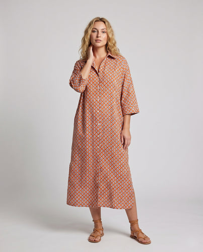 Damen Langarm-Kleid mit geometrischem Muster und eleganter Knopfleiste EB