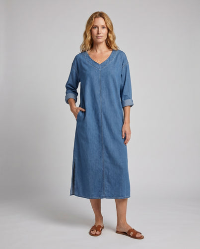 Damen Lässiges Maxikleid aus Denim mit seitlichen Schlitzen EB