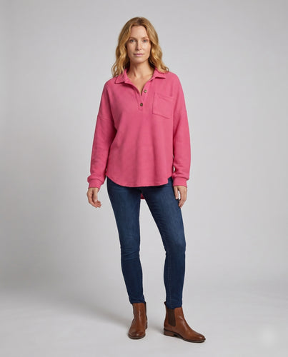 Damen lässiges Waffelpullover mit Knopfdetails und Brusttasche EB