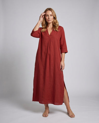Damen lockeres Maxikleid mit tiefem V-Ausschnitt und Seitenschlitzen EB