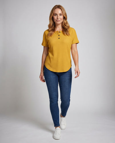 Damen Lockeres Waffelstruktur T-Shirt mit Knopfdetails EB