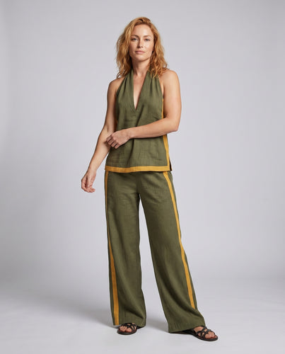 Damen luftiger Kombi-Set mit elegantem V-Ausschnitt und langen Hosen EB
