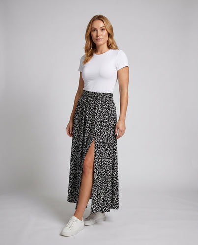Damen Maxirock mit seitlichem Schlitz und floralen Muster EB