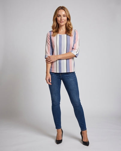 Damen Modische Bluse mit Streifenmuster und 3/4-Ärmeln EB