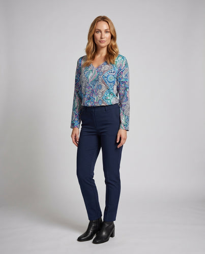 Damen modische Bluse mit V-Ausschnitt und buntem Muster EB