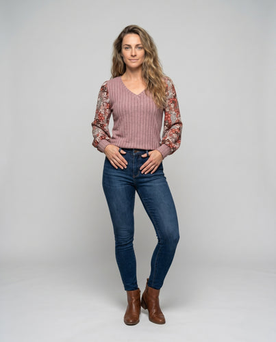 Damen Strickpullover mit floralem Puffärmel und V-Ausschnitt EB