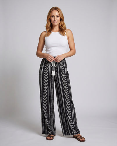 Damen Weite, gestreifte Sommerhose mit Gummizug und Quasten-Details EB