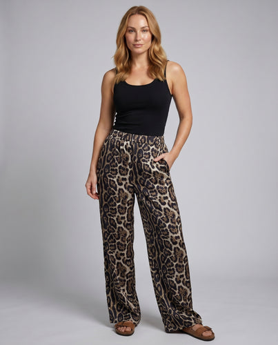 Damen Weite Leoprint-Hose mit elastischem Bund und praktischen Taschen EB