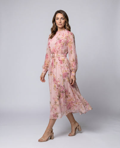 Damen Blütenverziertes Chiffon-Midikleid mit eleganter Taillierung und Schulterpolstern EB