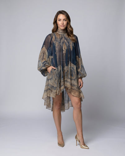 Damen Chiffon Kleid mit elegantem Fransenabschluss und einzigartigem Motiv EB