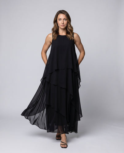 Damen Chiffon Maxikleid mit fließendem Schnitt und asymmetrischen Rüschendetails EB